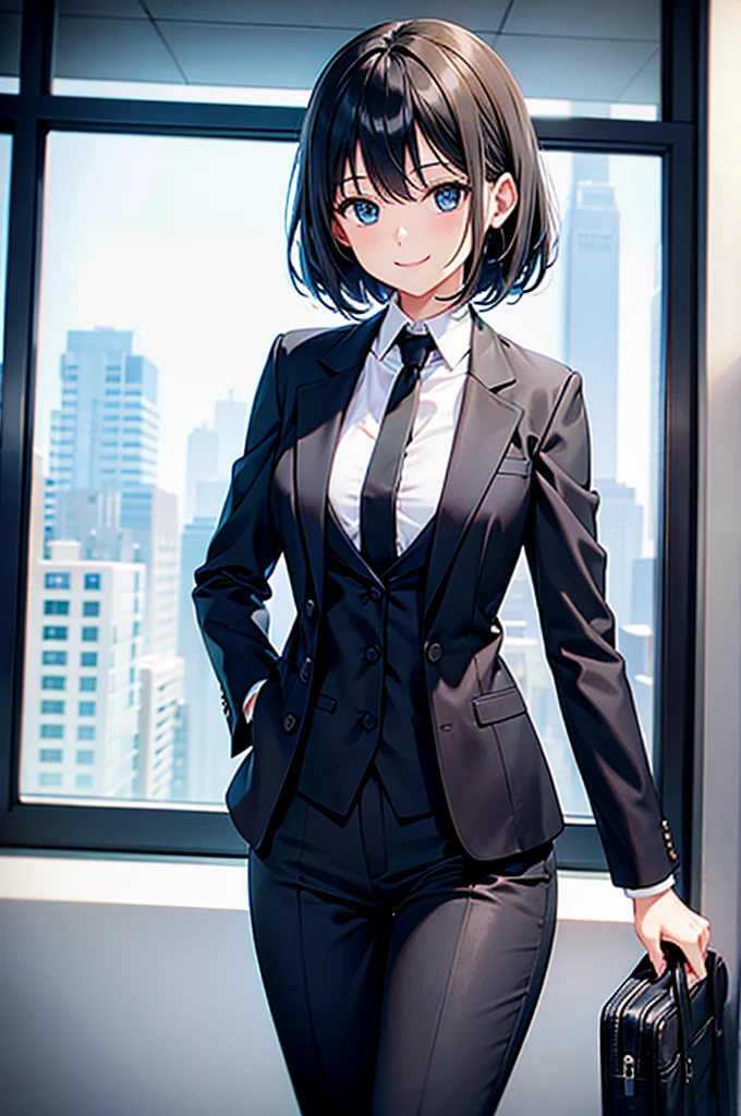 Woman in black suit smile
