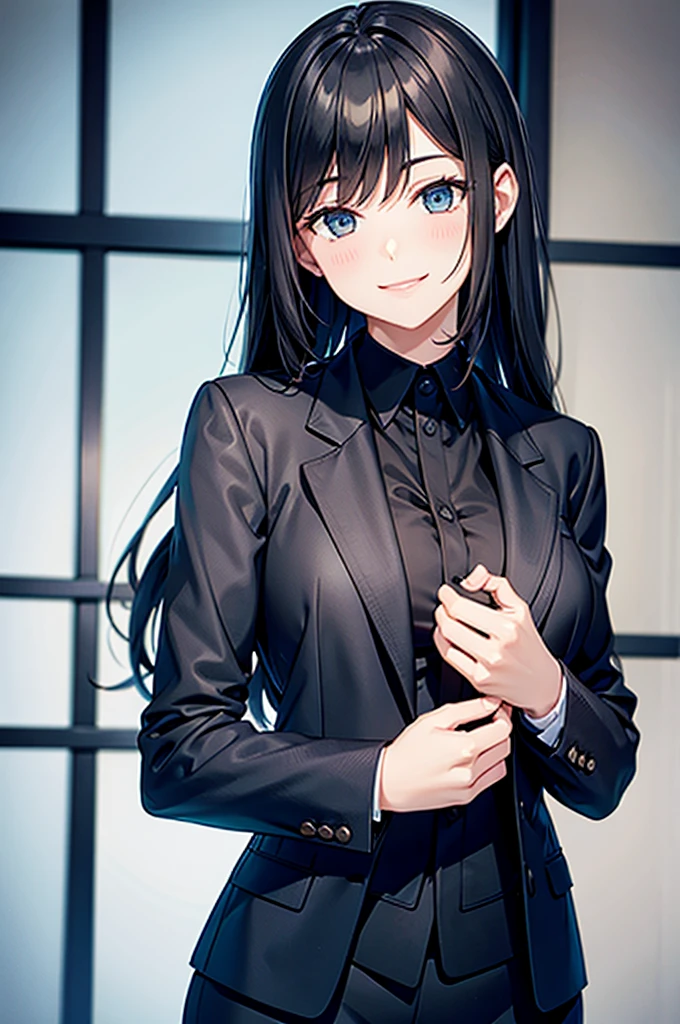 Woman in black suit smile