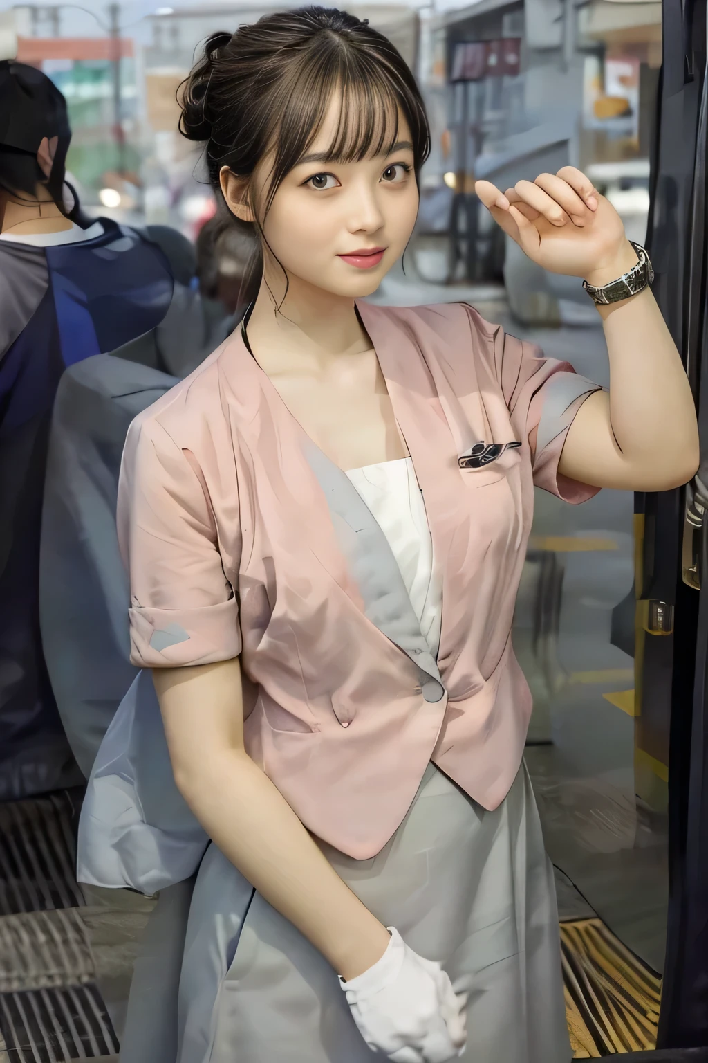 (masterpiece:1.2, Highest quality:1.2), 32k HDR, High resolution, (alone、1 girl)、(On the roof of a building in the daytime、Professional Lighting)、Building rooftop background、(Nankai train crew uniform pinkを着たリアルスタイル)、(Nankai Railway crew uniform, pink, short sleeve, collarless, pink jacket、No-collar short-sleeve blouse、Grey knee-length culottes)、((The bottom of the pink short-sleeved jacket cannot be tucked into the clay-colored culottes..))、Dark brown hair、(Hair tied up、Chignon)、Dark brown hair、Long Shot、Big Breasts、Thin legs、((Great hands:2.0)),((Harmonious body proportions:1.5)),((Normal limbs:2.0)),((Normal finger:2.0)),((Delicate eyes:2.0)),((Normal eyes:2.0)))、smile、(A beautiful figure showing off the Nankai Railway crew uniform)、Bring your hands down