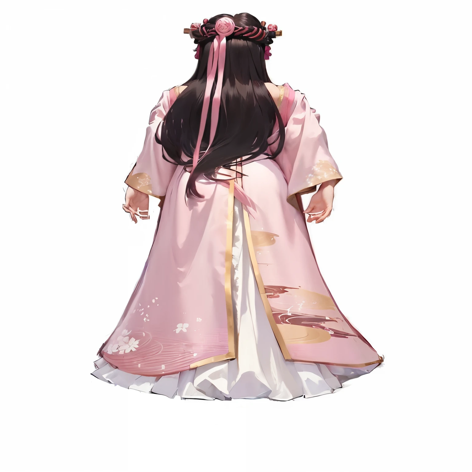 A girl wearing pink Hanfu, Ball head，Long hair，Flowing Magic Robe, Flowing robe, Cute anime girl in a beautiful skirt, Nezuko sauce, wearing a long Flowing robe, Pale kimono，back，Back，