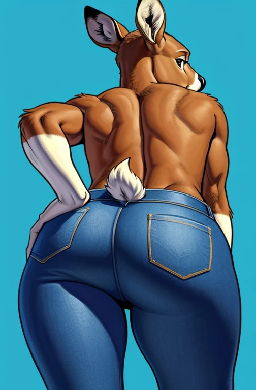 solo, male, brown deer, short-horned, small twink body, topless half naked, (bright blue tight jeans, pull down, pants_down), showing his cute butt, focus on butt, butt close up, low angle, showing back and looking back, (Portrait Focus), head to thighs, looking at viewer, high detailed, masterpiece, dark blue background, flat color, by Meesh