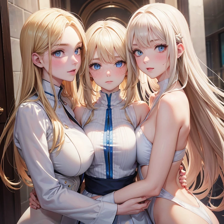 White skin３Man Woman,Three people hugging each other, Long Blonde Hair, tthin eyebrows, blue eyes, Slim waist, Constriction, 8K, Photorealista, Large bust, bodyguard, red blush, they look like they&#39;I enjoy,  itting open legs, strong lighting, (Nargas), Looking back, fit derrier, posterior view, bottom less, Raised hands,Pink T-back，Pink thong that digs into your butt，thighs thighs thighs thighs，Voluptuous body，she only wears thong、Plump body and beautiful nipples、Dynamite Body、Pink T-back、they have weapons、She wears long tights that go up to her thighs.、Not wearing a bra