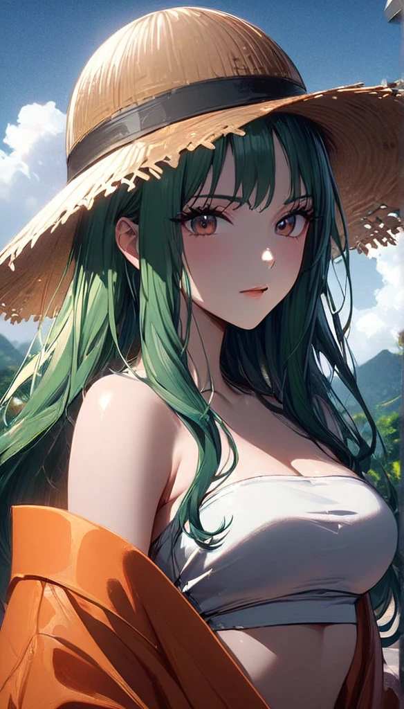 masterpiece, Highest quality), 複雑なdetailed, 1 girl, woman, Green Hair, we \ (one piece\), (Long Hair), shirt, white shirt, womanに焦点を当てる, Clothes, Orange kimono, sarashi, nature, scenery, Upper Body, Straw hat, ((Front view)) ((Close-up shot)) ((alone)) ((Hair covering one side of the face)) detailed, Very high resolution, No blurry images, whole body, Green Eyes, Wavy Hair, ((we from one piece)) ((female we from one piece)), Holding a sword 