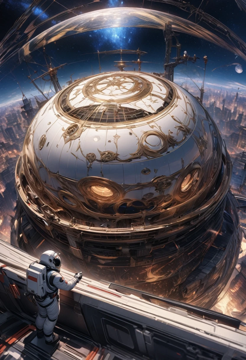 (Highest quality, 4K, Super detailed, High resolution, masterpiece: 1.2),Characters seen from afar: There are characters that can be seen from afar, Located on a high observation deck. Small compared to the surrounding area, Emphasize the size of the ship. The character is wearing a space suit, With flashing lights and mechanical details.
Space View: From the opening of the ship, A vast starry sky can be seen. The stars are unevenly distributed, Create a variety of densities、Suggests the distance of some celestial objects.