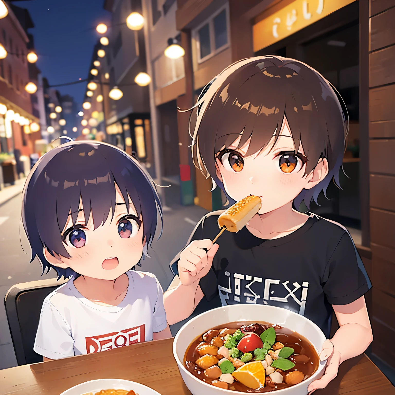 Eating rice、
、masterpiece、Highest quality、 (Short hair with brown bangs) and (Orange eyes) and (5 year old boy:1.5)、Boy,
(white) and (T-Shirts)、
The background is a restaurant at night、(alone:1.5)
