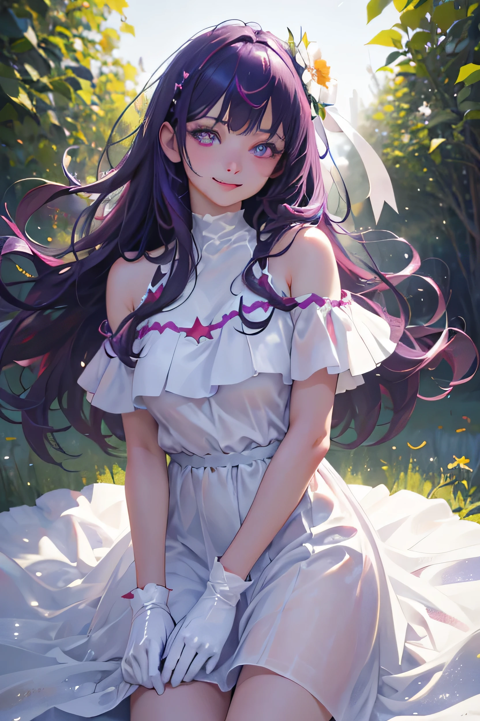 Highest quality, masterpiece, Ultra-high resolution, (Realistic:1.4), RAW Photos, One girl, White Dress, Off the shoulder, Flower Field, Glowing Skin, A light smile,The best quality at its best，very vey very detailed 顔，very detailed eyes and 顔s，Very fine grain，One Girl, Super Detail, The finer details, Depth of written boundary, star野アイ, gloves, tongue sticking out, tongue, Long Hair, star, looking at the camera, Purple Hair, Purple eyes, 