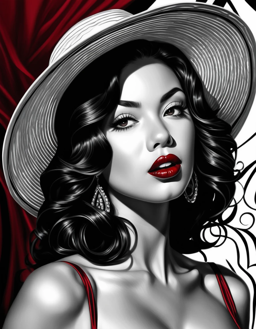 female, fantasy, beauty, in the style of noir comic art, realistic hyper-detailed portraits, black and white grayscale, chicano art, dark cherry red lipstick, realistic yet romantic, flowing lines --ar 23:36 --stylize 750