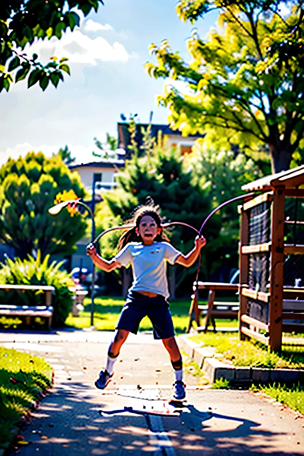 A long shot of a college student doing rope skipping exercise on the playground