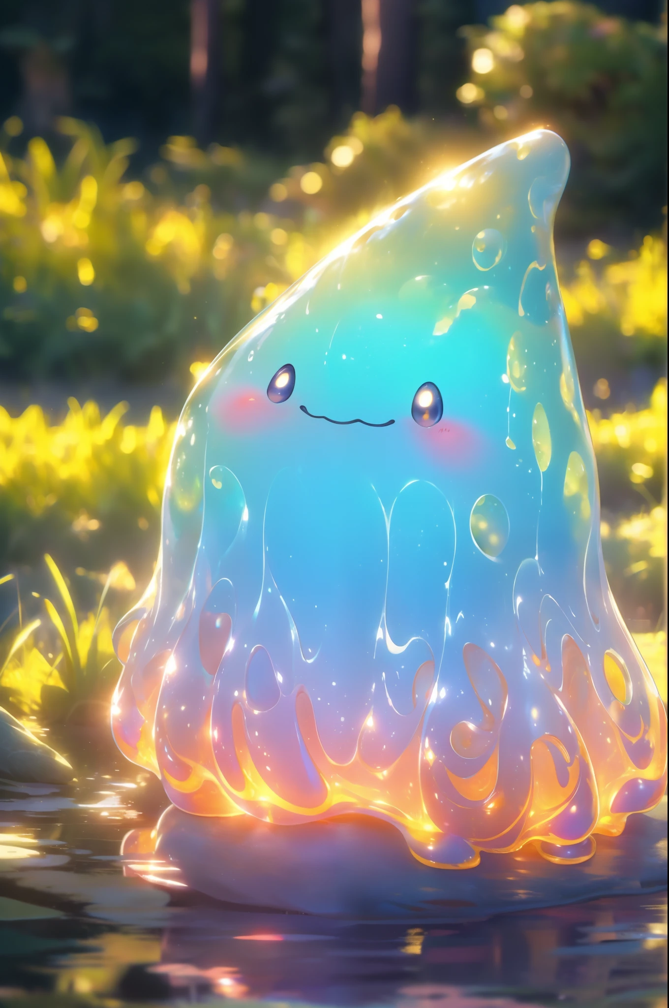 Cute cartoon style claymation of an adorable pastel rainbow colored jelly slime character waving, sitting on a giant sunflower, vibrant colors, smooth textures, dynamic pose, perfect illustration
