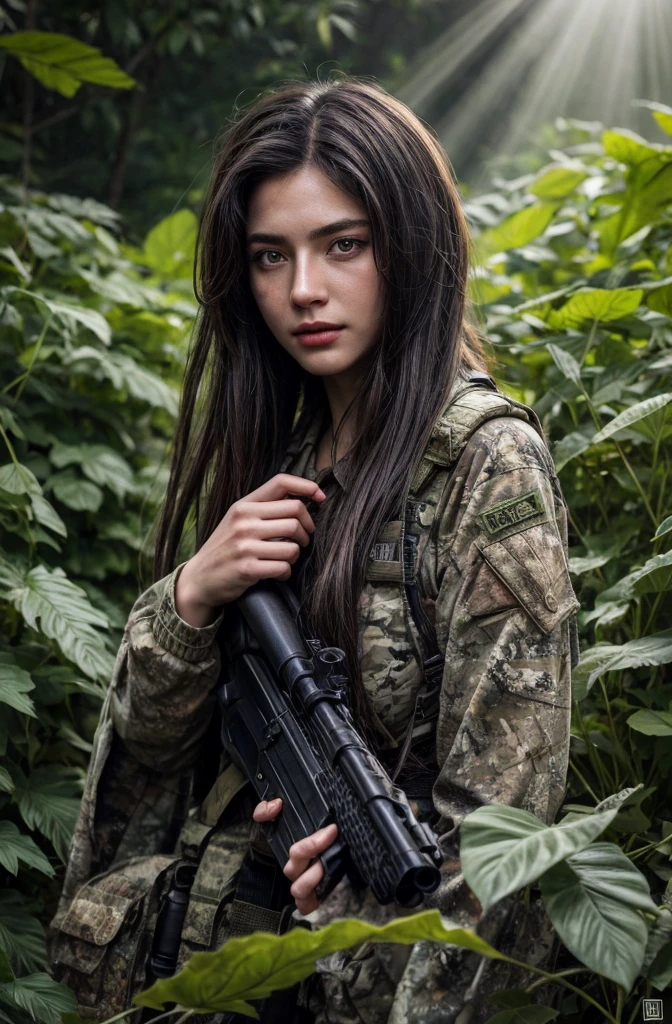 4K image of female sniper hiding in leaves., Wear a ghillie suit., Wear a sniper style camouflage uniform. ,Dark color, Masterpiece, Soft lighting and atmosphere, (god rays)