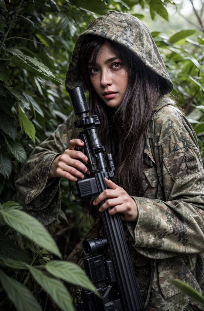 4K image of female sniper hiding in leaves., Wear a ghillie suit., Wear a sniper style camouflage uniform. ,Dark color, Masterpiece, Soft lighting and atmosphere, (god rays)