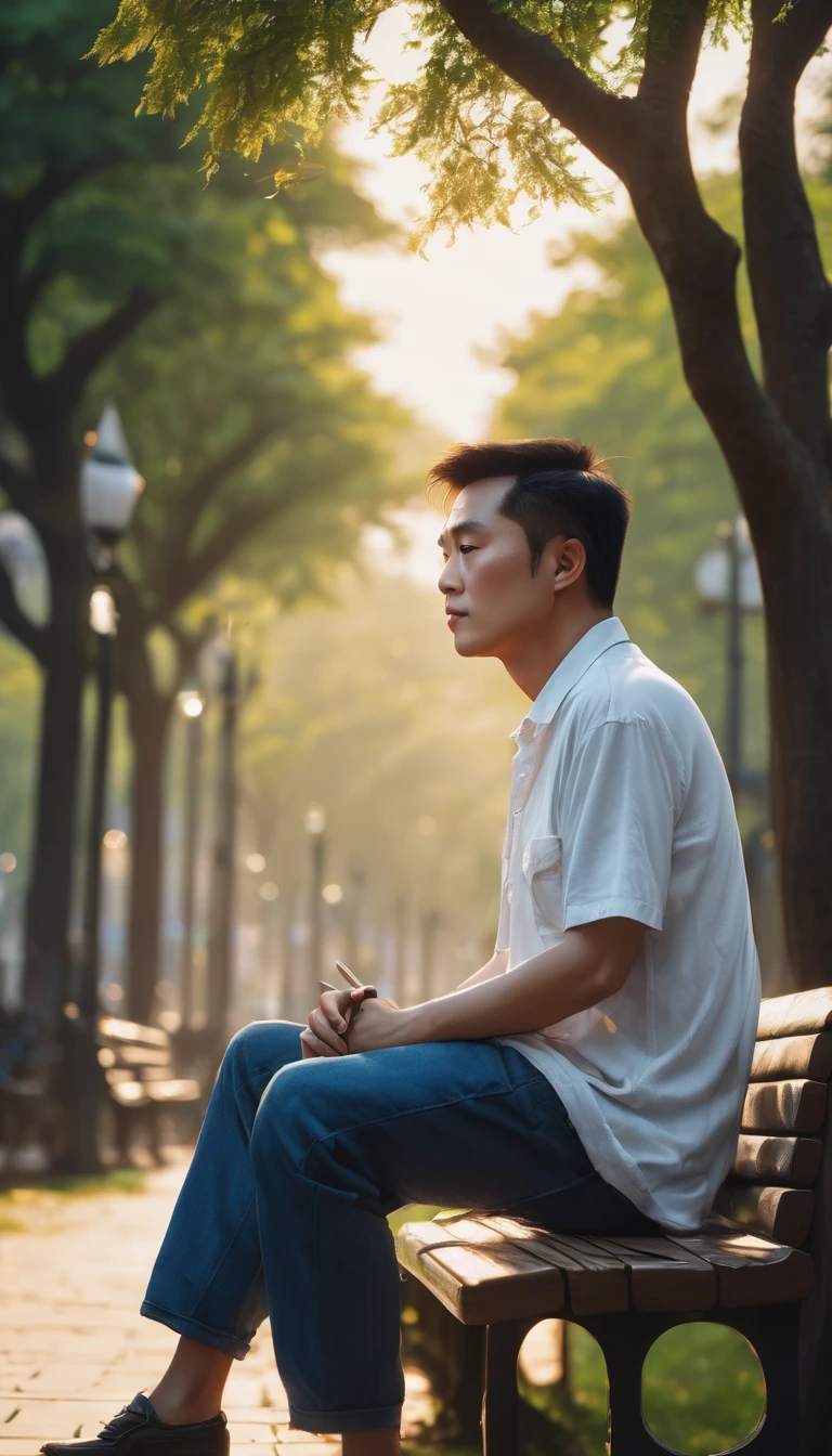 cinematic film still,score_9,score_8_up,score_7_up,dramatic lighting,(realistic:1.3),highly detailed, best quality,,official art,8k..A thoughtful man sits on a bench in a serene park in modern China. He holds a clock in his hand, contemplating time. His square face and deep eyes show reflection. He is dressed in a white T-shirt and blue jeans. The park is lush with greenery, and the sun is setting, casting a golden glow over the scene."