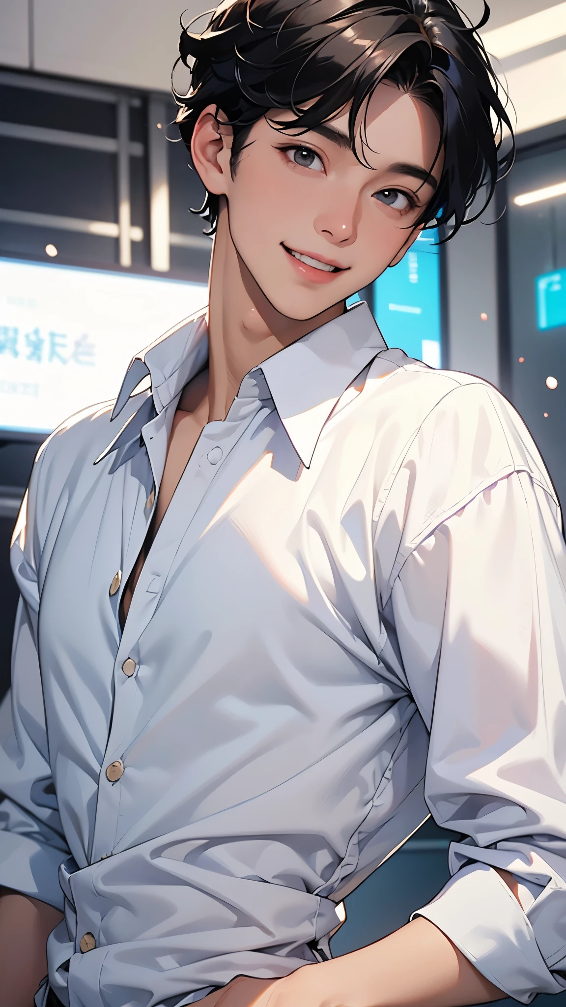 A handsome man with short black hair is showing a very surprised expression with his mouth wide open. White shirt top open、smile、The background is the business district