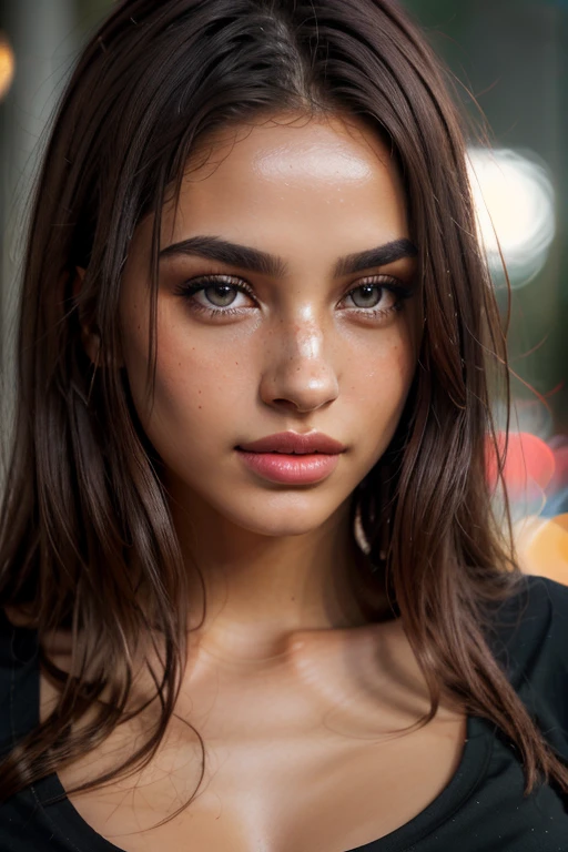 (UHD, retina, masterpiece, accurate, anatomically correct, textured skin, super detail, high details, high quality, best quality, high res, 1080P, HD, 4K, 8k, 16k), (gorgeous mixed supermodel, beautiful detailed hazel eyes, beautiful detailed lips, extremely detailed eyes and face), glossy lip gloss, sexy pouty lips, studio lighting, physically-based rendering, vivid colors, (HUGE sagging breasts:1.1), (lowcut black t-shirt, cleavage), (Medium Shot, side swept shiny hair, shiny skin, blush), (bokeh), eye reflection,, dark atmosphere, highly detailed skin texture, extreme details, perfect breast, dark tanned skin, light freckles,, ultra detailed skin texture, soft lights, flush skin,