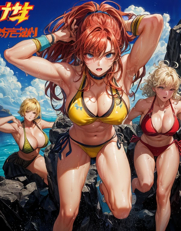 masterpiece, Highest quality,  Unreal Engine,  Super Resolution,  Very detailed, 

(((３Beautiful woman with))), (Swimwear), Muscular, Abdominal muscles, Vivid expression, Healthy Body, Beautifully detailed sweat glands, Smooth skin texture, Carefully drawn, 

(humidity:1.2), Beautiful Eyes, (Attractive face:1.2), (Beautiful Skin), (Big Breasts), Puffy nipples, (Sticky with sweat), In a dynamic pose,

In the world of Kinnikuman, Outdoor, rocky coast,