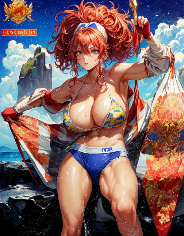 masterpiece, Highest quality, Unreal Engine, Super Resolution, Very detailed,
(((3Beautiful woman with))), (Swimwear), Muscular, Abdominal muscles, Vivid expression, Healthy Body, Beautifully detailed sweat glands, Smooth skin texture, Carefully drawn,
(humidity:1.2), Beautiful Eyes, (Attractive face:1.2), (Beautiful Skin), (Big Breasts), Puffy nipples, (Sticky with sweat), In a dynamic pose,
In the world of Kinnikuman, Outdoor, rocky coast,