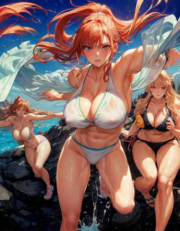 masterpiece, Highest quality, Unreal Engine, Super Resolution, Very detailed,
(((3Beautiful woman with))), (Swimwear), Muscular, Abdominal muscles, Vivid expression, Healthy Body, Beautifully detailed sweat glands, Smooth skin texture, Carefully drawn,
(humidity:1.2), Beautiful Eyes, (Attractive face:1.2), (Beautiful Skin), (), Puffy nippl(Sticksweat), In a dynamic pose,
In the world of Kinnikuman, Outdoor, rocky coast,