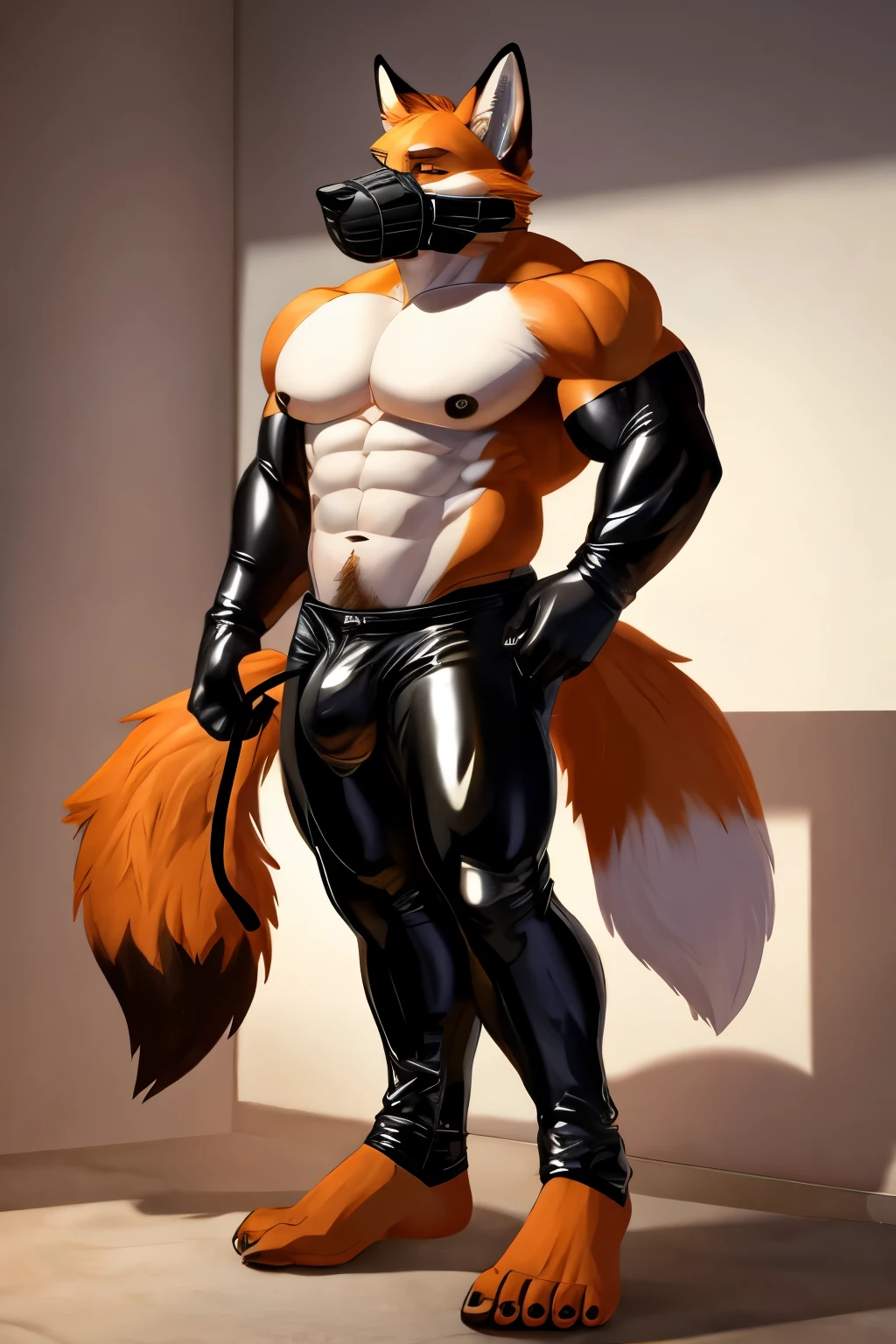 A muscular male fox fursona, with black latex pants, with large and detailed buttocks, barefoot with big feet, and a dick in the crotch, muzzled from the mouth with a leather muzzle