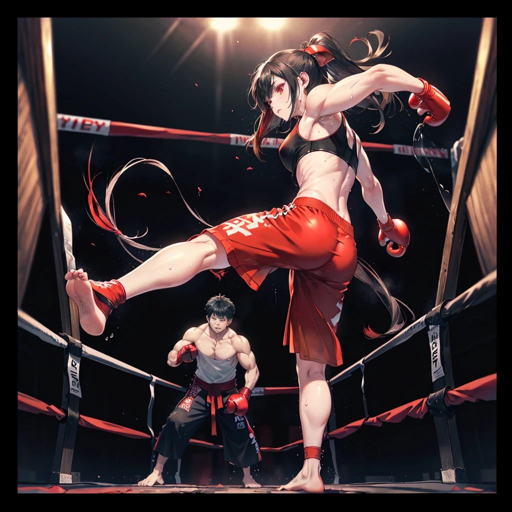 ((((Kickboxer Red attire、Kick Breaking Glass)))) (((pants、Sweat Bright red eyes Black Hair Long Hair Tie your hair back))) ((Black background)) Shining Edges Shining Background