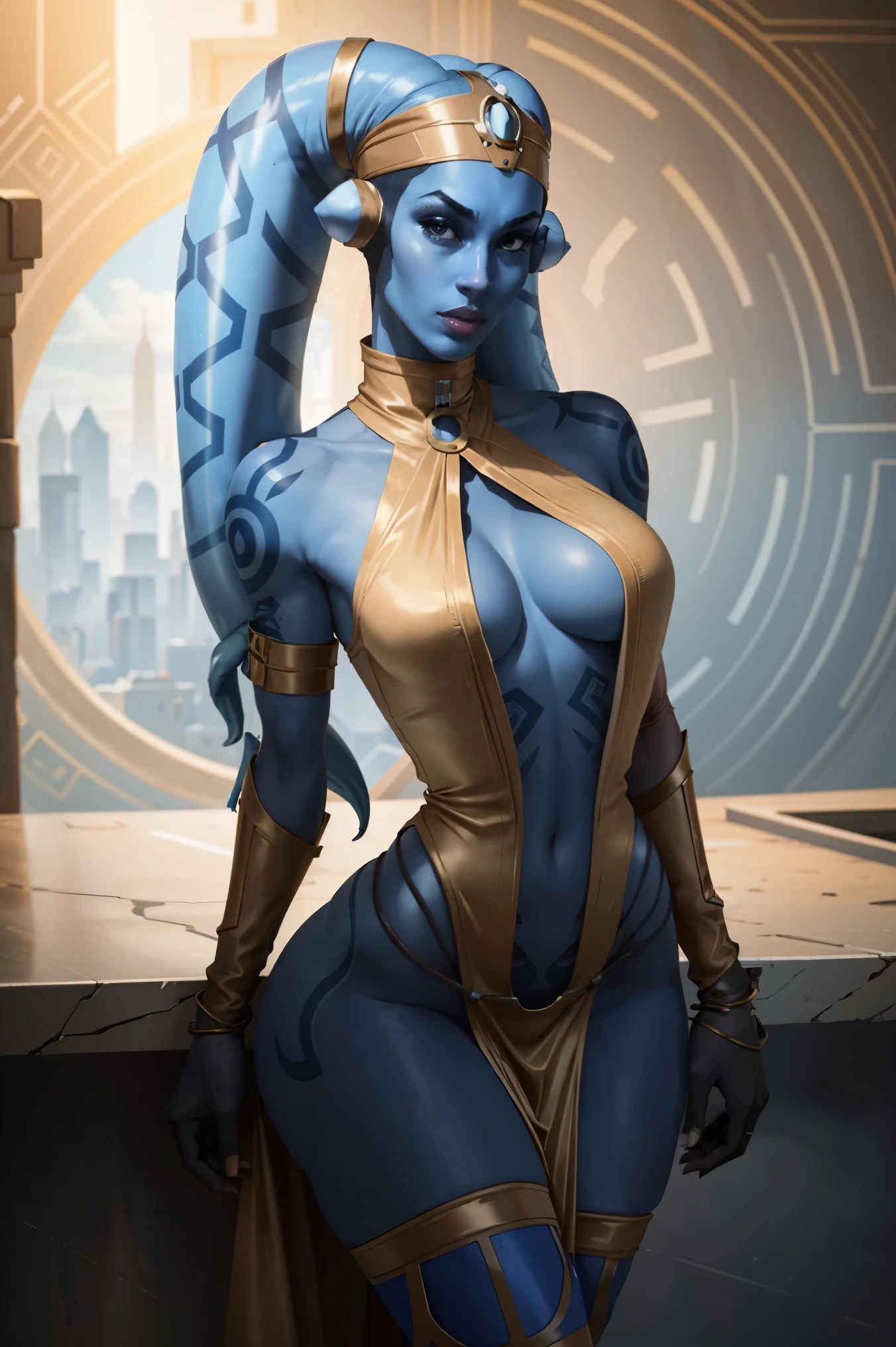 Tall (Blue Skin) Twi'lek with (gigantic breasts) wearing a tight short gold minidress, short dress, miniskirt, high neck, sleeveless, (keyhole cleavage), tattoos, huge breasts, cleavage, tall, graceful, (tall, long legs), athletic, slim hips, small waist, full-body shot