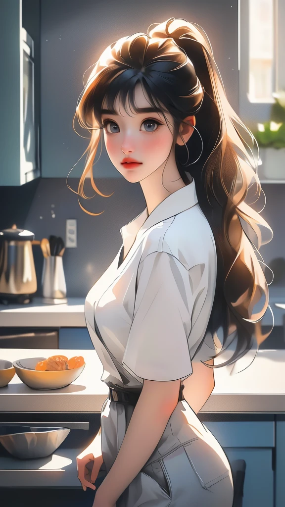 ultra-detailed realistic, 1 girl, standing alone, long brown hair, big bright brown eyes, bangs over eyes, ponytail hair style, hair pulling back, all-body, Ultra realistic delicate face with deep details, kitchen background, Shorts with open zipper showing beautiful pubic hair, chemise, tool belt, (error-free work of art, highly detailed perfect delicate face, perfects eyes, perfect pointed nose, perfect full mouth, Perfect hands without errors, perfect skin with depths), insane details, ultra-realistic image, perfect symmetry, vibrant and clear, dynamic view, high level of detail and definition, 1200 PPI – Photographic resolution with greater color realism, hyperrealisti, high fidelity, cinematic, 8K UHD image resolution.