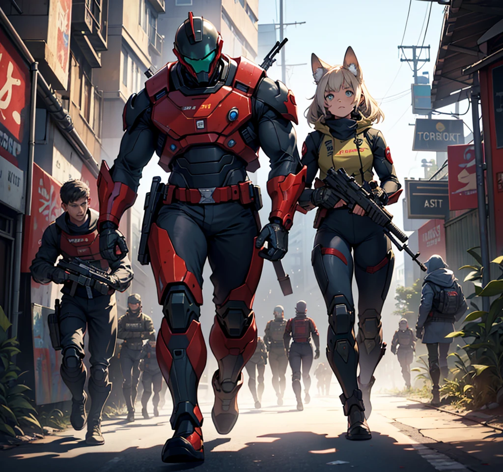 Front line fight against alien invasion from the movie Aliens, with boys and girls with animal ears from the front, metrayetas, mini Guns fire, dust blood futuristic suits mecha