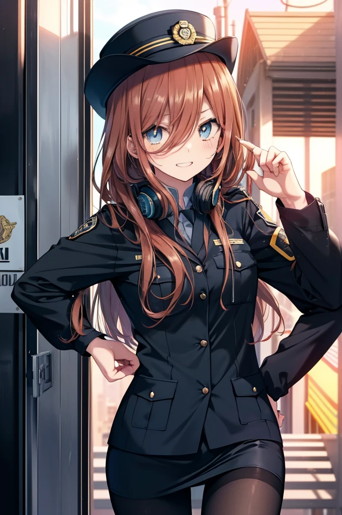 miku nakano, Nakano Miku Ticket III, Long Hair, bangs, blue eyes, Brown Hair, Hair between the eyes, Headphones ,Police hat,smile,blush,Open your mouth,Sexy police uniform,Black Pencil Skirt,Black Pantyhose,Stiletto heels,The girl salutes with her left hand,Place your right hand on your hip.,look up,sunrise,morning,sun,
break outdoors, city,Building district,
break looking at viewer, (Cowboy Shot:1.5), (Upper Body:1.5),
break (masterpiece:1.2), Highest quality, High resolution, unity 8k wallpaper, (shape:0.8), (Fine and beautiful eyes:1.6), Highly detailed face, Perfect lighting, Highly detailed CG, (Perfect hands, Perfect Anatomy),