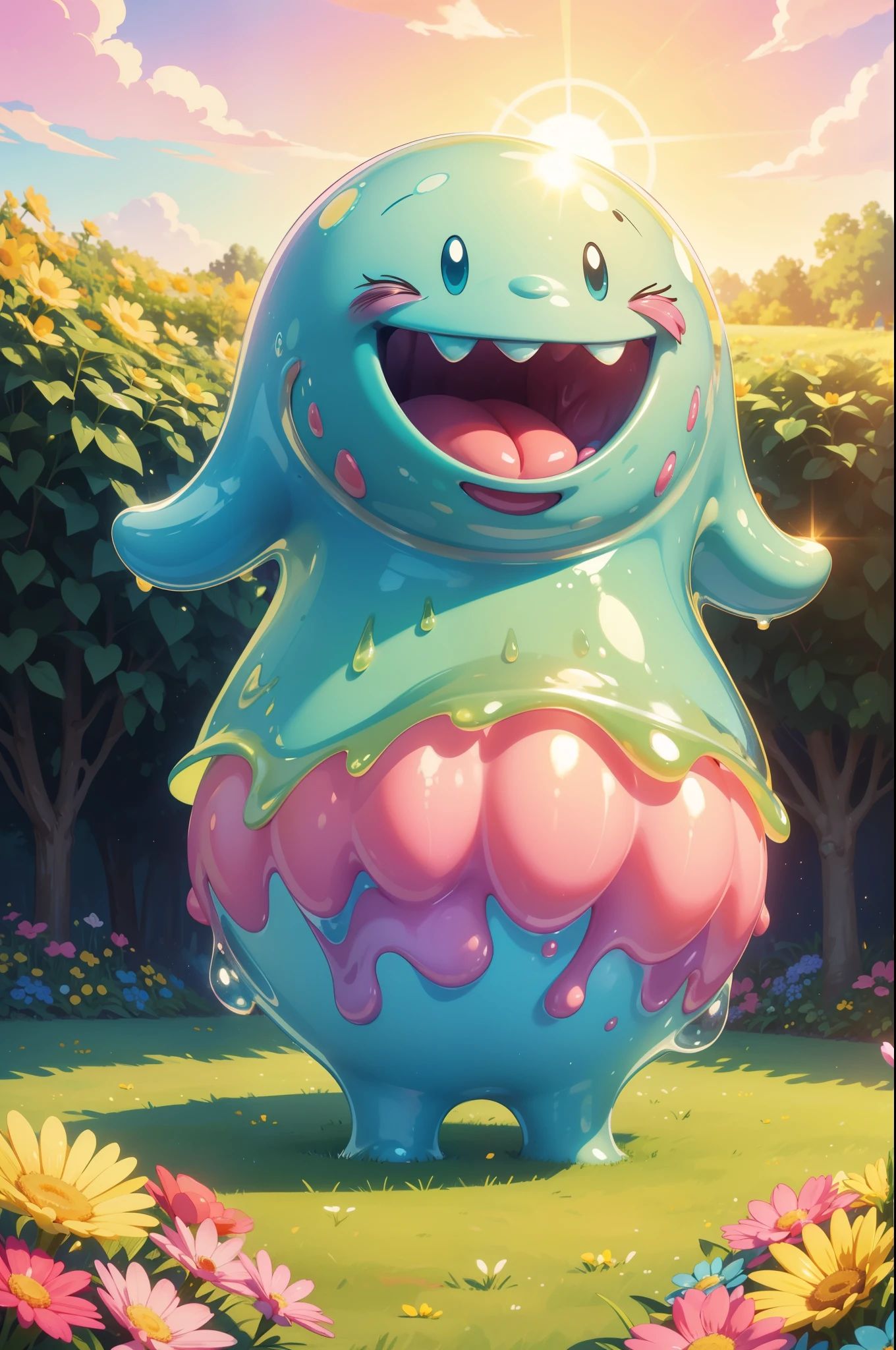 Cute cartoon style claymation of an adorable pastel rainbow colored jelly slime character waving, sitting on a giant sunflower, vibrant colors, smooth textures, dynamic pose, perfect illustration