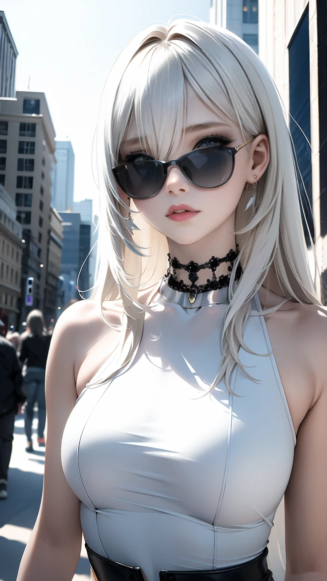 (Masterpiece:1.2, best quality), (1 woman, alone, upper body)
Clothes that cover up the body: Big Jack has volume.,cool, mixed style: long silver blonde hair, Beautiful makeup,sunglasses, playful jewelry: creativity, imagination, naturally,Live house background in the city center: Creative Arts, Attend a live performance, Experimenting with fashion values: creativity, Expression, open inspiration: contemporary art movement, pop culture icons, Personality characteristics of street fashion: creativity, naturally, adventure.