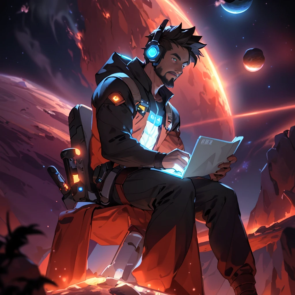 Draw a young streaming, sitting on a research platform floating in the middle of an asteroid belt. He is studying gamer controller, headset, surrounded by several asteroids glowing with fiery auras. Dramatic lighting from distant stars and planets illuminates the scene, casting deep shadows on the costume. Young man looks confident and determined and playing something on his gaming notebook, looking at the vast and mysterious universe with awe and respect, facial hair