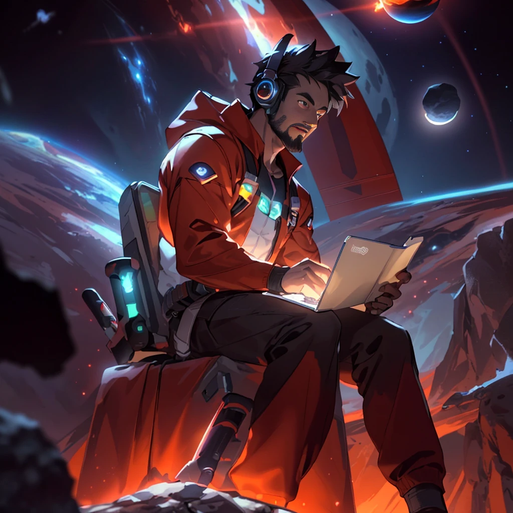Draw a young streaming, sitting on a research platform floating in the middle of an asteroid belt. He is studying gamer controller, headset, surrounded by several asteroids glowing with fiery auras. Dramatic lighting from distant stars and planets illuminates the scene, casting deep shadows on the costume. Young man looks confident and determined and playing something on his gaming notebook, looking at the vast and mysterious universe with awe and respect, facial hair
