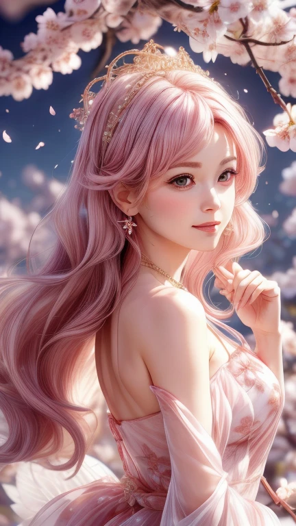 Fairy's Appearance

Outfit: A dress made of cherry blossom petals. The design is fluffy and airy, with pink and white as the base colors, adorned with petals and leaves.
Hairstyle: Long wavy hair with a crown of cherry blossoms. The hair color is a soft cherry blossom pink.
Facial Features: Elegant and delicate features, large eyes, and light pink blush.
Accessories: Earrings and a necklace made of cherry blossom petals.
Location and Scenery

Location: Under a cherry tree.
Time of Day: Golden hour in the evening, with soft sunset light.
Scenery: Cherry blossom petals are drifting through the air. The ground is covered with petals, and the background features a soft sunset glow.
Pose and Expression

The fairy is gently smiling under the cherry tree. She is holding cherry blossom petals in her hands.
