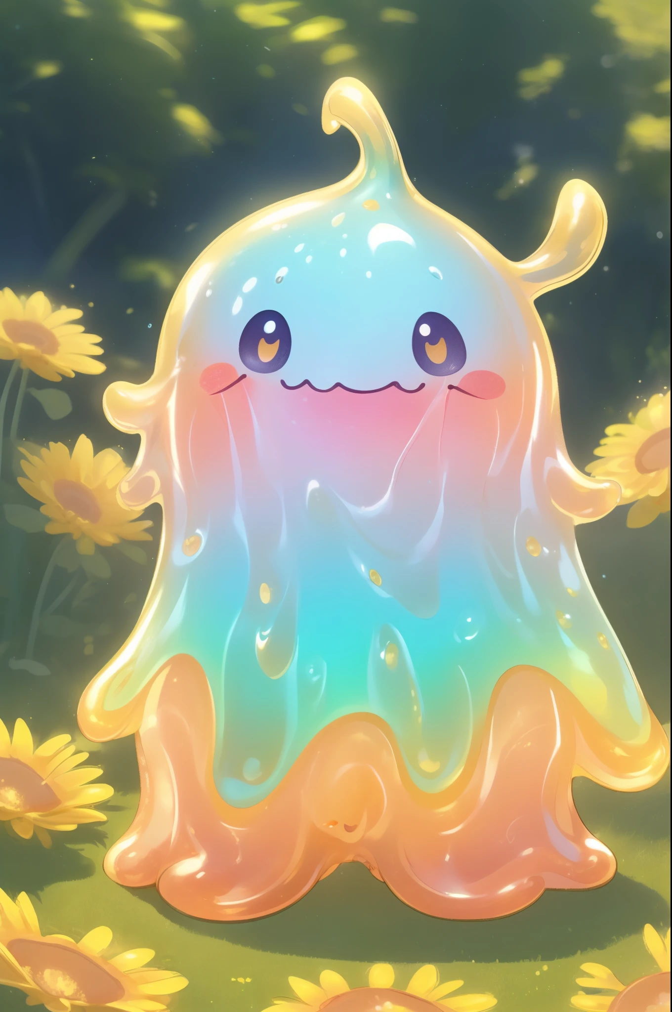 Cute cartoon style claymation of an adorable pastel rainbow colored jelly slime character waving, sitting on a giant sunflower, vibrant colors, smooth textures, dynamic pose, perfect illustration