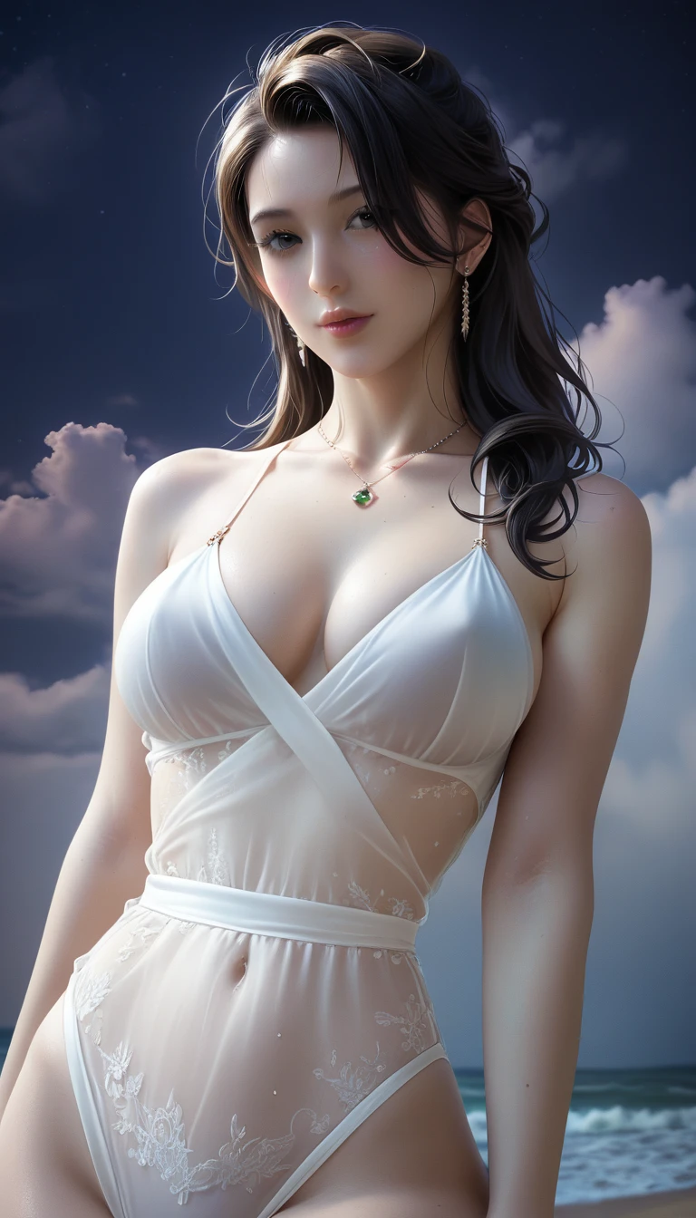 score_9, score_8_superior, score_7_superior, Masterpieces with up to 16K resolution,Highest quality,it is really amazing,Very detailed,Ultra-high resolution,(Ultra-realistic:1.1),(Realistic:1.1),Increased depth of field,Cinematic lighting,
Elegant Japanese MILF,
Long black hair,Ultra-detailed and beautiful face,Translucent white skin,Realistic skin texture,
(Elegant swimwear:1.1),
Bold design,Artistic design,Beautiful and detailed pattern,Detailed fabric texture,
Gorgeous necklace,Earrings,
(Deserted beach at night:1.4),(Dark night sky with dark clouds:1.4),
(Dramatic Angle:1.1),