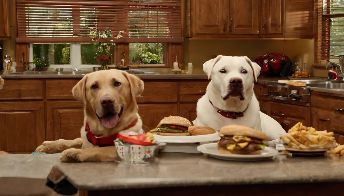 (((1 dog, that is combo, of a Labrador & Pitbull & American Eskimo))), & weighs 75 lbs. Mustang is about to eat a 20lb cheeseburger that's loaded with many toppings. The burger is sitting right in front of Gus. (((He has a red bib on, & is sitting at the kitchen table with his human family.))) 750k UHD resolution 4D