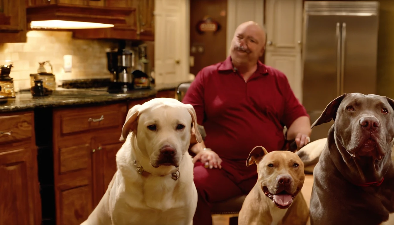 (((1 dog, that is combo, of a Labrador & Pitbull & American Eskimo))), & weighs 75 lbs. Mustang is about to eat a 20lb cheeseburger that's loaded with many toppings. The burger is sitting right in front of Gus. (((He has a red bib on, & is sitting at the kitchen table with his human family.))) 750k UHD resolution 4D