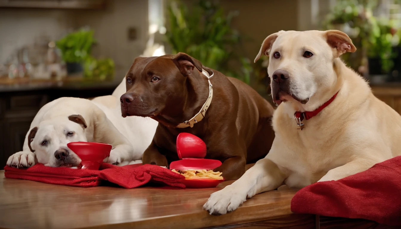 (((1 dog, that is combo, of a Labrador & Pitbull & American Eskimo))), & weighs 75 lbs. Mustang is about to eat a 20lb cheeseburger that's loaded with many toppings. The burger is sitting right in front of Gus. (((He has a red bib on, & is sitting at the kitchen table with his human family.))) 750k UHD resolution 4D
