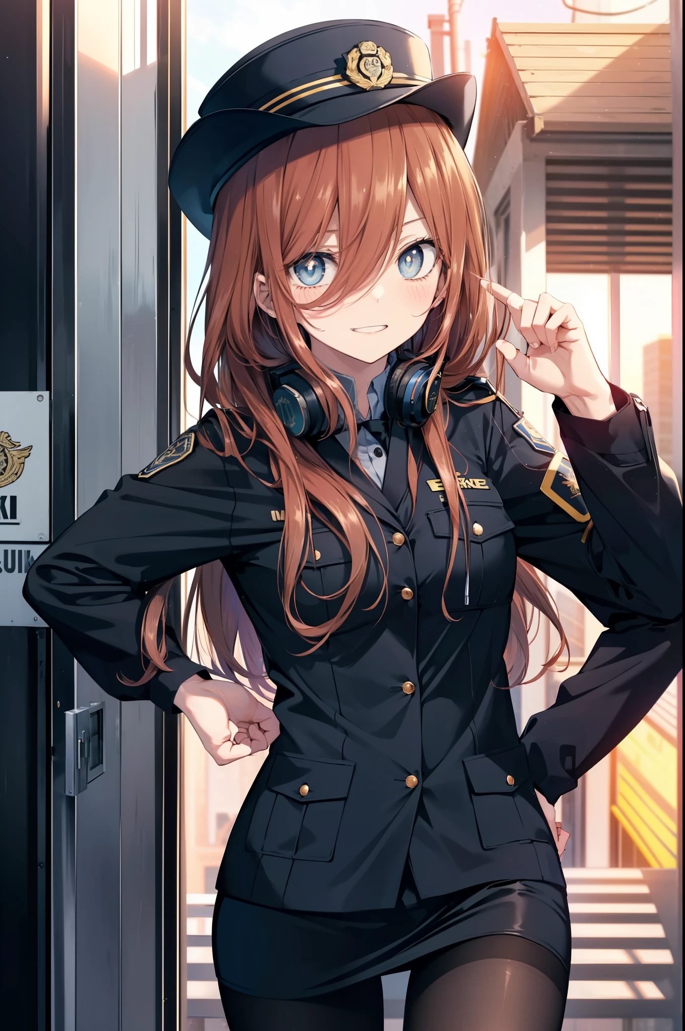 miku nakano, Nakano Miku Ticket III, Long Hair, bangs, blue eyes, Brown Hair, Hair between the eyes, Headphones ,Police hat,smile,blush,Open your mouth,Sexy police uniform,Black Pencil Skirt,Black Pantyhose,Stiletto heels,The girl salutes with her left hand,Place your right hand on your hip.,look up,sunrise,morning,sun,
break outdoors, city,Building district,
break looking at viewer, (Cowboy Shot:1.5), (Upper Body:1.5),
break (masterpiece:1.2), Highest quality, High resolution, unity 8k wallpaper, (shape:0.8), (Fine and beautiful eyes:1.6), Highly detailed face, Perfect lighting, Highly detailed CG, (Perfect hands, Perfect Anatomy),