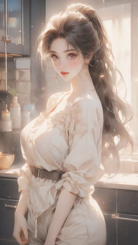 ultra-detailed realistic, 1 girl, standing alone, long brown hair, big bright brown eyes, bangs over eyes, ponytail hair style, hair pulling back, all-body, Ultra realistic delicate face with deep details, kitchen background, Shorts with open zipper showing beautiful pubic hair, chemise, tool belt, (error-free work of art, highly detailed perfect delicate face, perfects eyes, perfect pointed nose, perfect full mouth, Perfect hands without errors, perfect skin with depths), insane details, ultra-realistic image, perfect symmetry, vibrant and clear, dynamic view, high level of detail and definition, 1200 PPI – Photographic resolution with greater color realism, hyperrealisti, high fidelity, cinematic, 8K UHD image resolution.