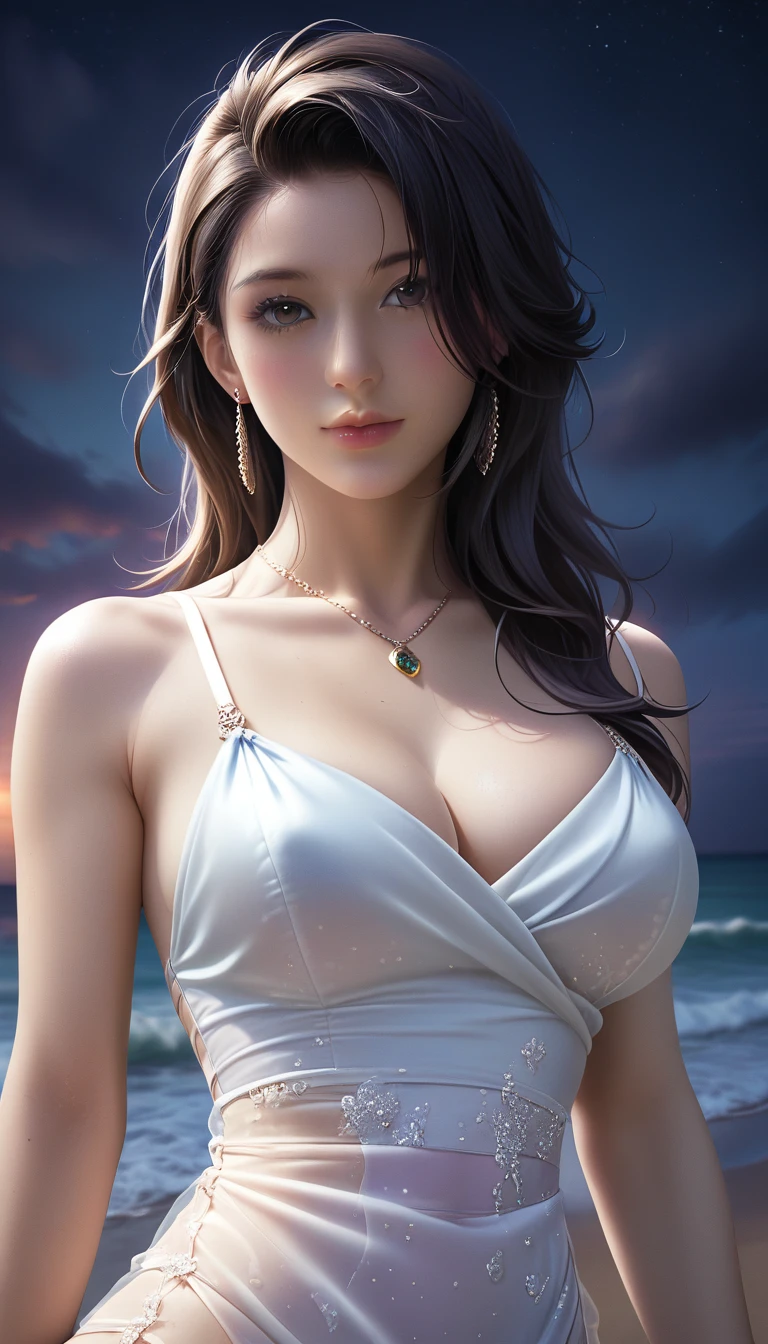 score_9, score_8_superior, score_7_superior, Masterpieces with up to 16K resolution,Highest quality,it is really amazing,Very detailed,Ultra-high resolution,(Ultra-realistic:1.1),(Realistic:1.1),Increased depth of field,Cinematic lighting,
Elegant Japanese MILF,
Long black hair,Ultra-detailed and beautiful face,Translucent white skin,Realistic skin texture,
(Elegant swimwear:1.1),
Bold design,Artistic design,Beautiful and detailed pattern,Detailed fabric texture,
Gorgeous necklace,Earrings,
(Deserted beach at night:1.4),(Dark night sky with dark clouds:1.4),
(Dramatic Angle:1.1),