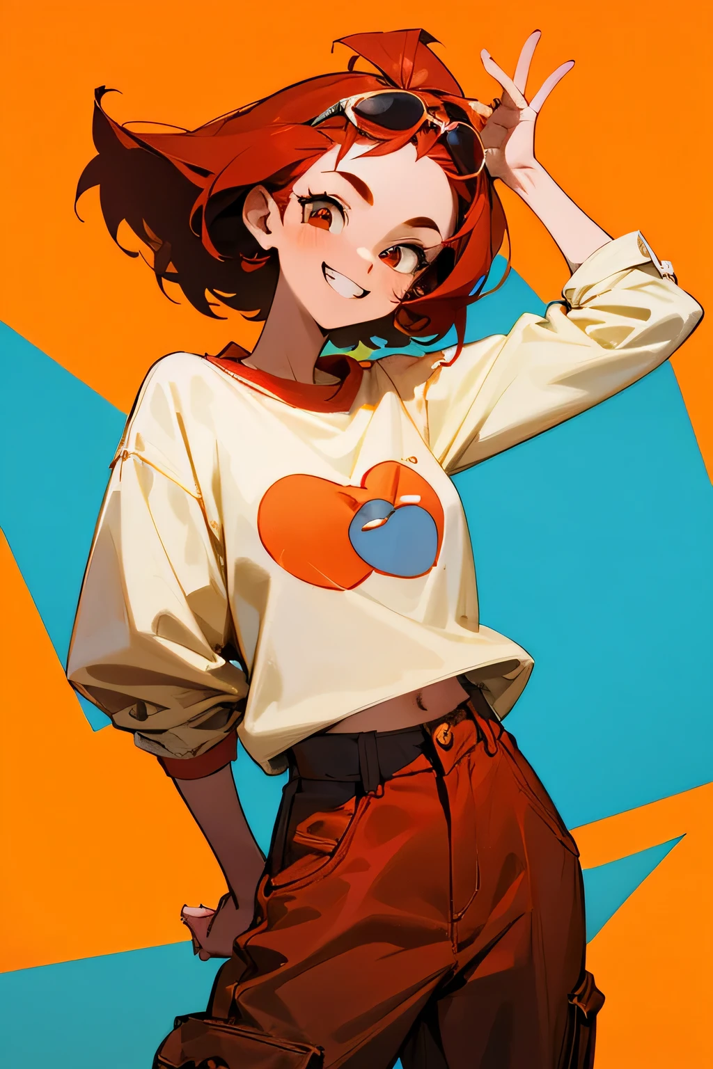 Cartoon Girl with dark red hair, apricot skin, red tinted sunglasses on forehead, and casual, baggy clothing. She's cheekily grinning at the camera and posing for a picture.