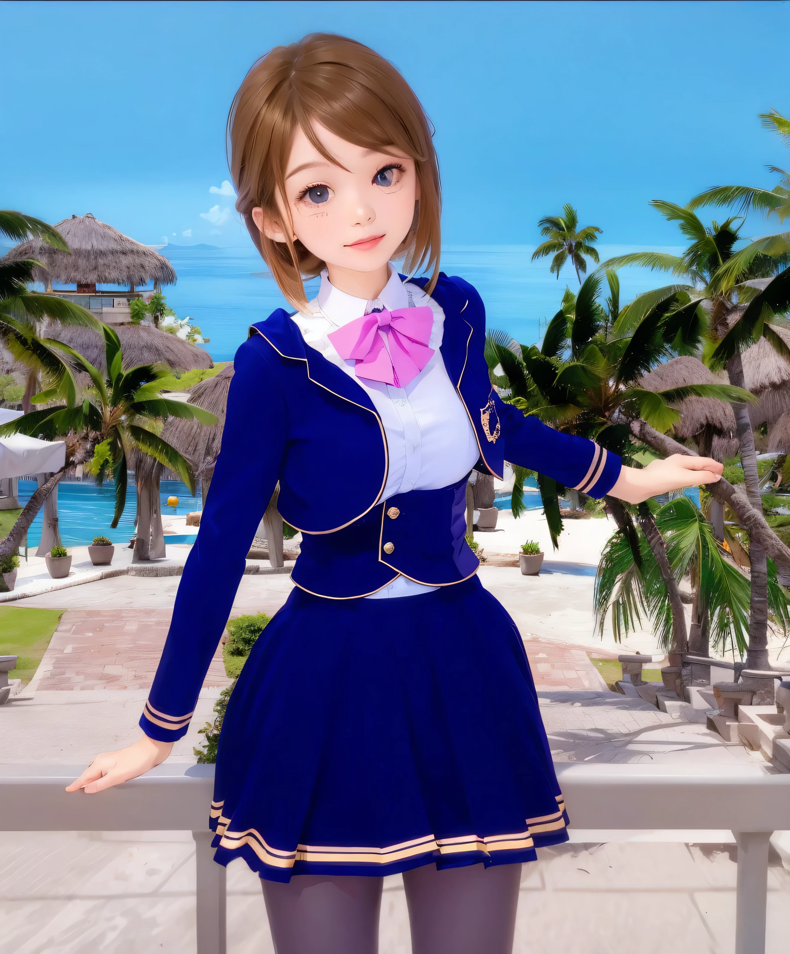 Cute girl on balcony over a tropical resort, in a sapphire-blue