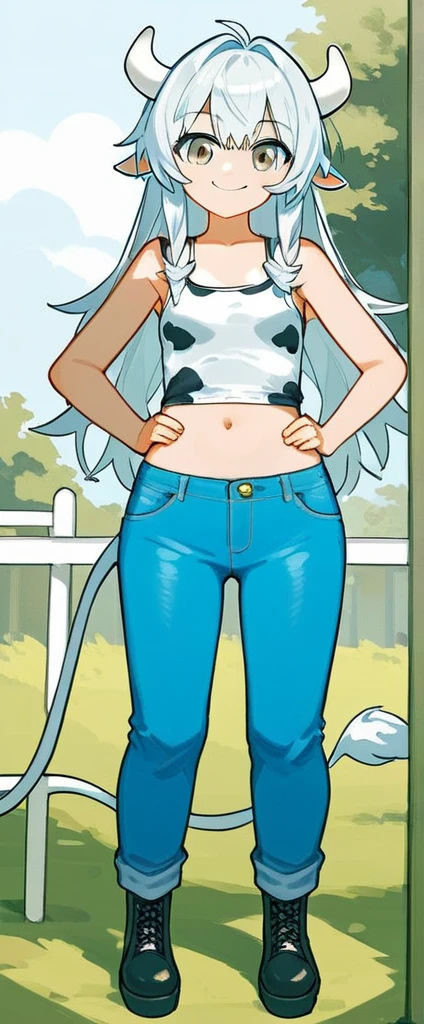 score_9, score_8_up, source_anime, masterpiece, best quality, BREAK 1girl, white horns, white spiked hair, grey eyes, small breasts, smile, pants, cow print tank top, jeans, meadow