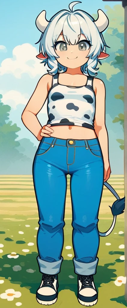score_9, score_8_up, source_anime, masterpiece, best quality, BREAK 1girl, white horns, white spiked hair, grey eyes, small breasts, smile, pants, cow print tank top, jeans, meadow