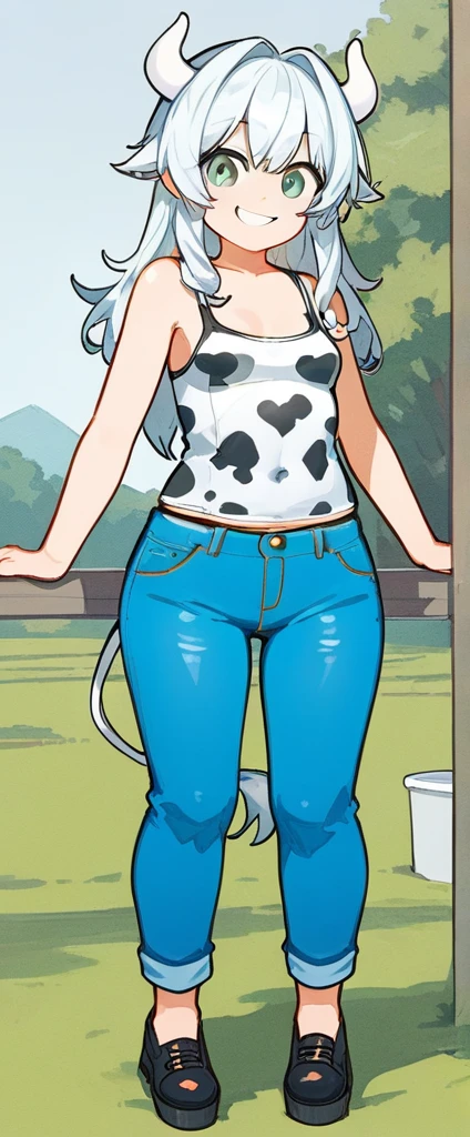 score_9, score_8_up, source_anime, masterpiece, best quality, BREAK 1girl, white horns, white spiked hair, grey eyes, small breasts, smile, pants, cow print tank top, jeans, meadow