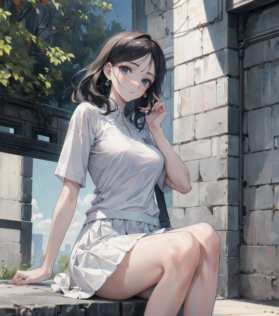 absurdres, RAW photo, extremely delicate and beautiful, masterpiece, Best Quality, ultra high resolution, 32k, hyperrealistic, ultra-detailed, Very detailed CG 8k wallpaper, detailed background, landscape, Beautiful Lighting, Perfect Lightning, Realistic Shadows, perfect anatomy, anatomically correct, perfect figure, Perfect Style, Perfect balance, super Detailed skin, in her 30s, very Slim body, narrow waist, very small head, very small face, delicate facial features, handsome detailed woman, very detailed eyes and face, realistic face proportions, Realistic beautiful face, Realistic beautiful eyes, tearful mole, earring, whole body shot, very huge round tits, medium hair, asymmetrical hair, wavy hair, outdoor, tennis wear, white polo shirt, White pleated mini skirt, tennis court,