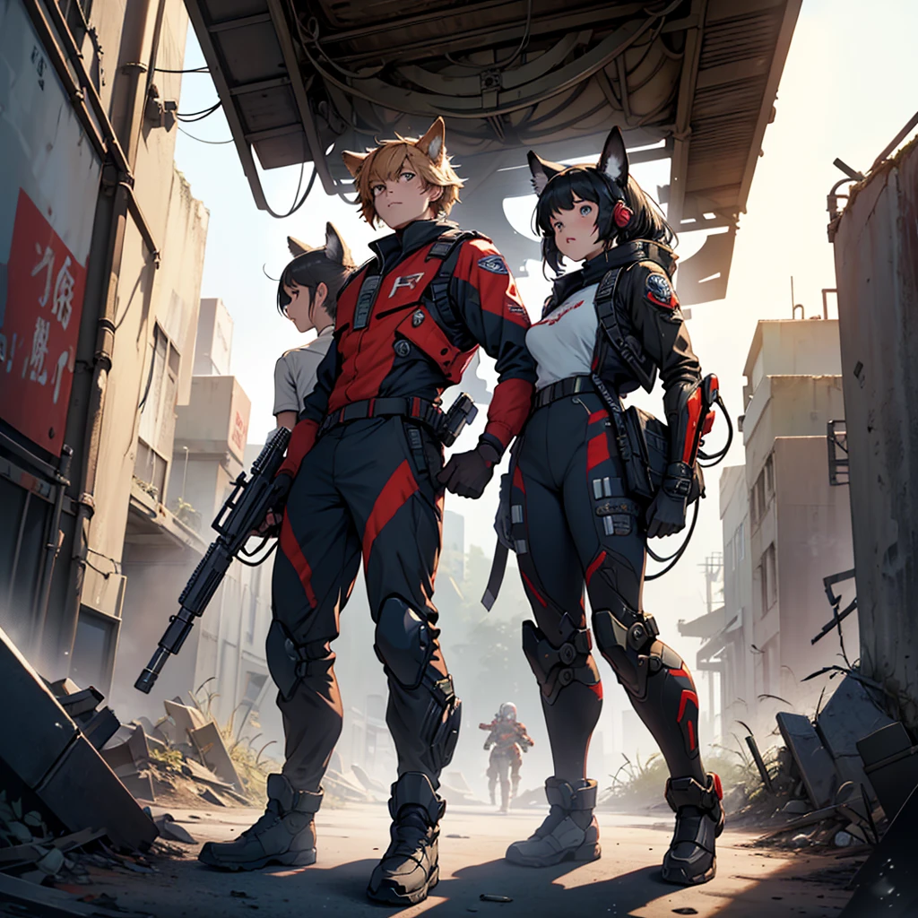 Front line fight against alien invasion from the movie Aliens, with boys and girls with animal ears from the front, metrayetas, mini Guns fire, dust blood futuristic suits mecha ruins trajedia