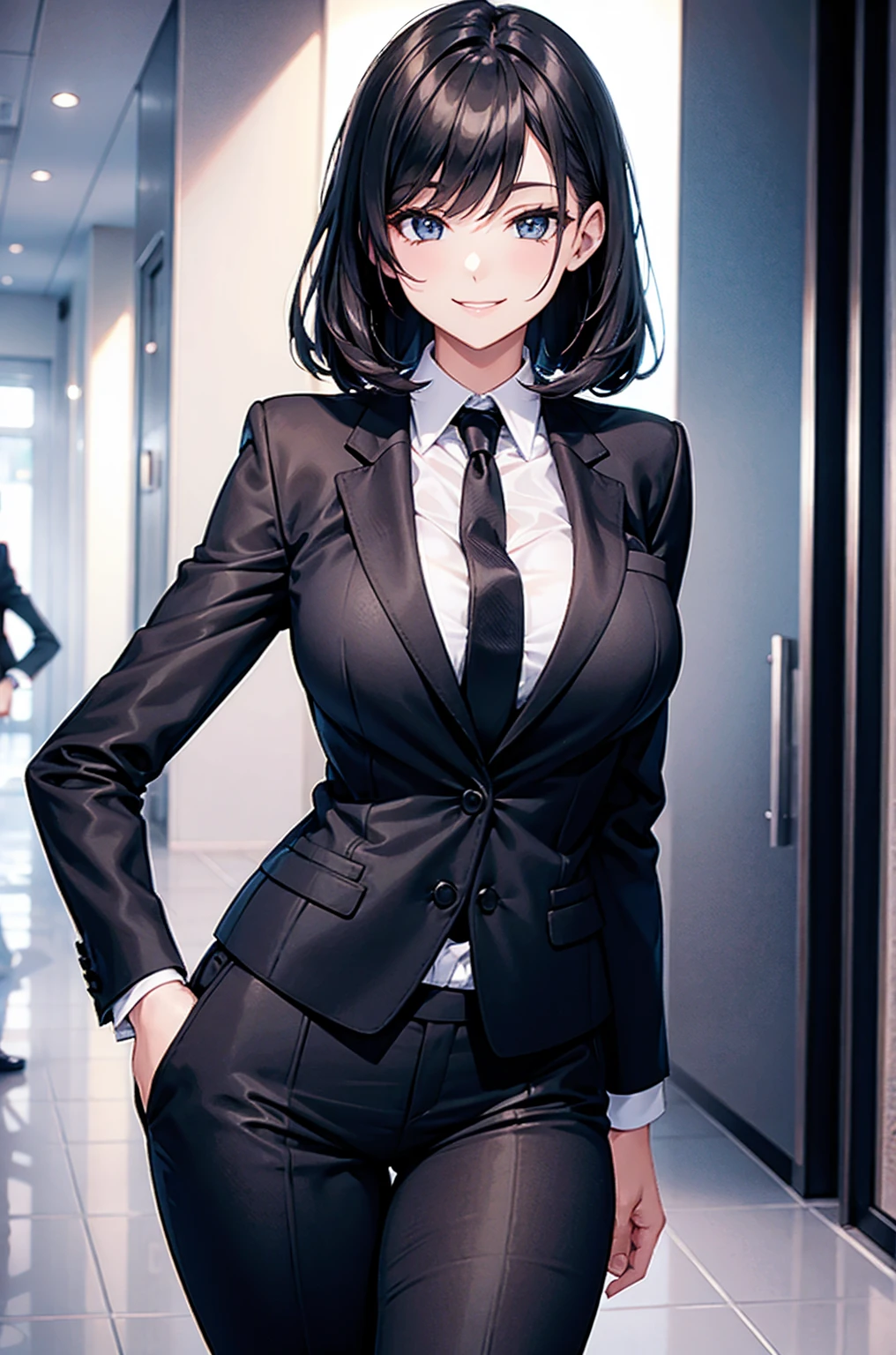 Sexy woman in a black suit tie smile