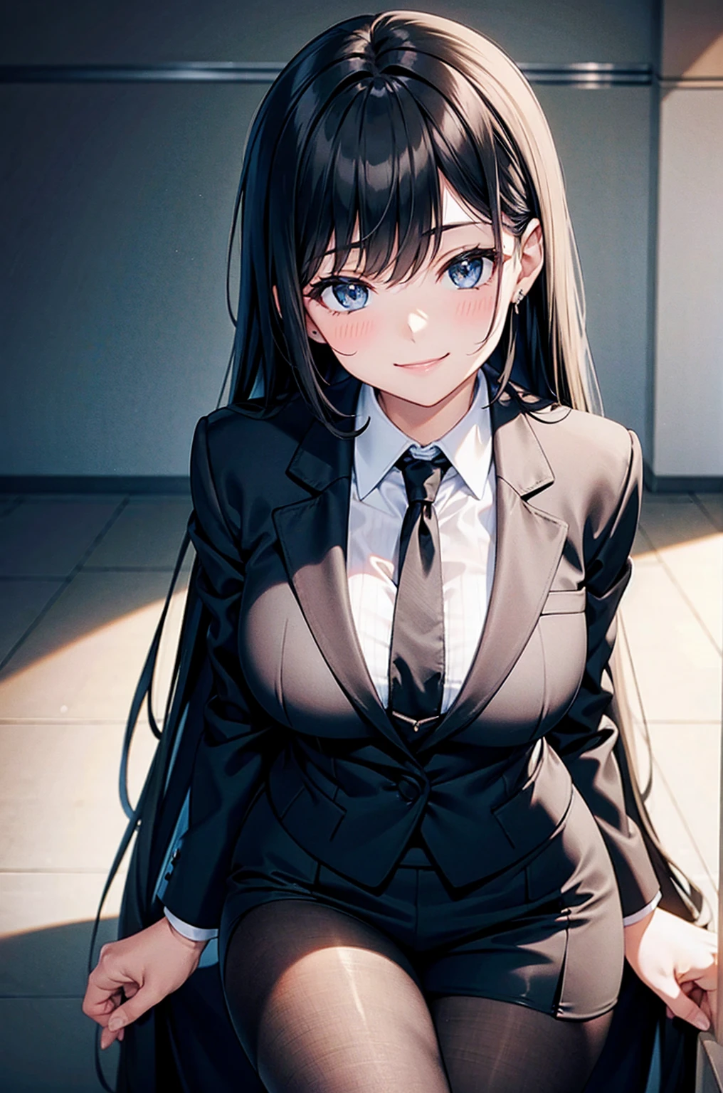 Sexy woman in a black suit tie smile