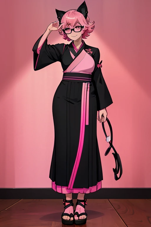 female, pink short hair, red eyes, black cat ears, pink cat tail, (((1girl))), (((pink and black kimono))), (black Japanese sandals), (pink tinted glasses), cute and sexy, full body, modest breasts, long legs, smiling